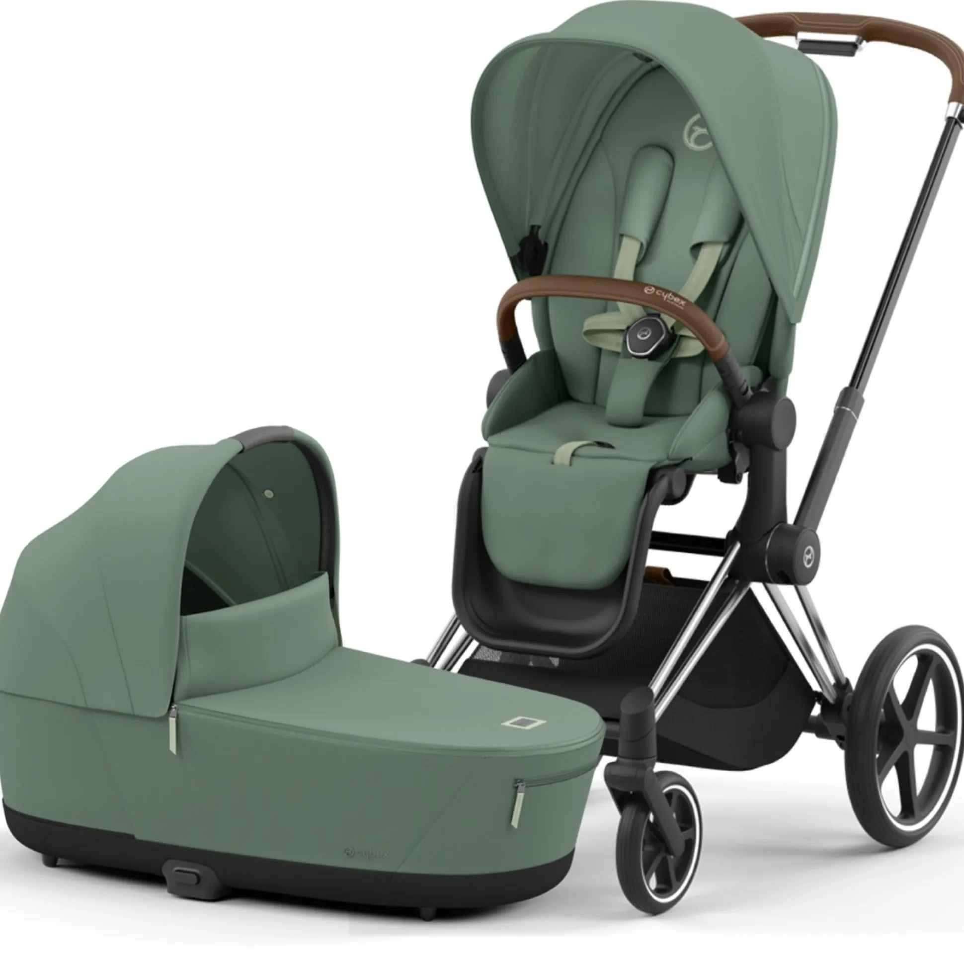 Cybex Priam4 compleet Chrome met bruine handvatten Leaf Green
