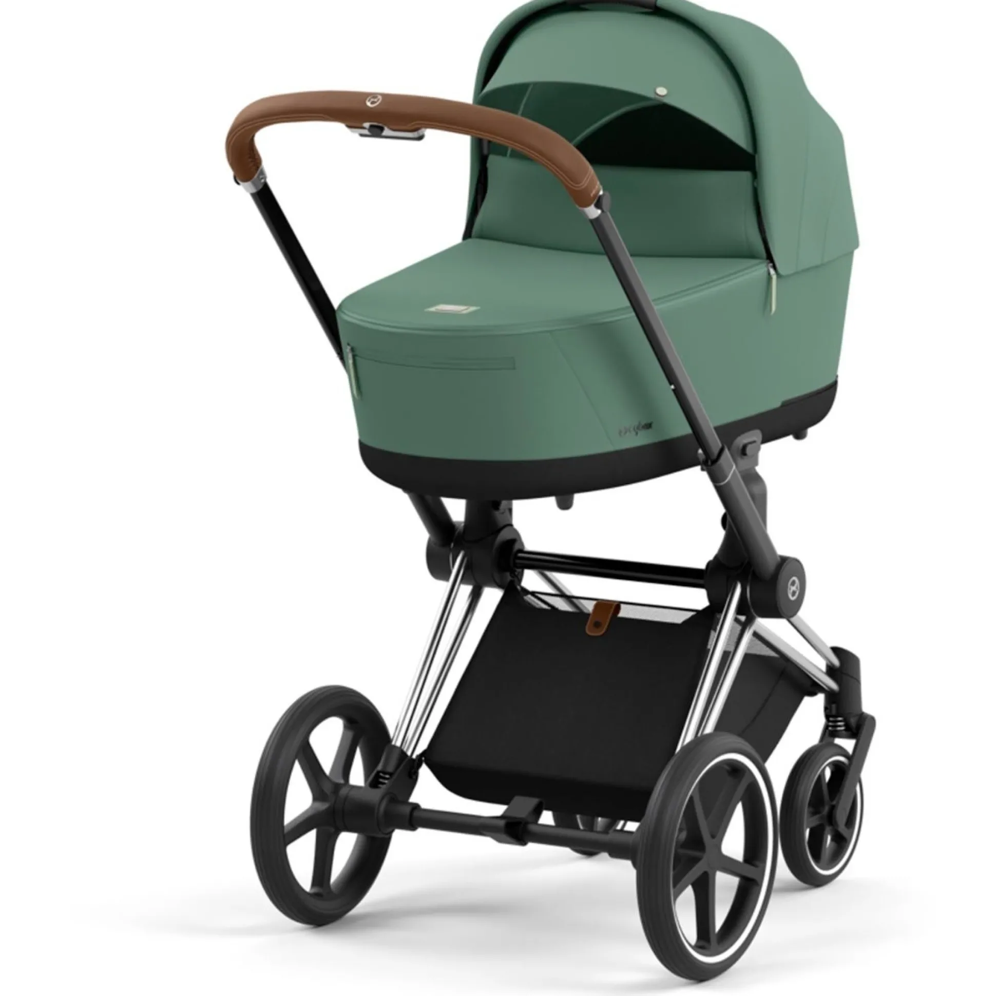Cybex Priam4 compleet Chrome met bruine handvatten Leaf Green