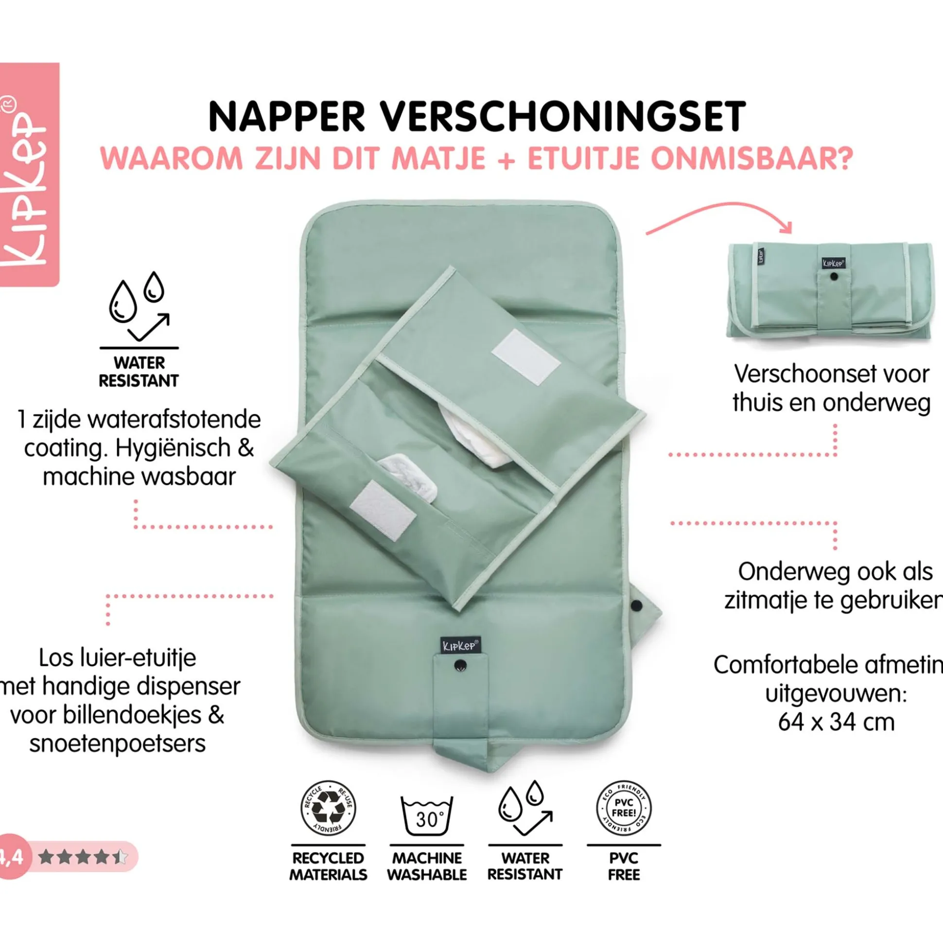 KipKep verschoningsmatje+luieretui combiset Pale Green
