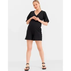 Prénatal zwangerschapsjumpsuit korte mouwen effen zwart