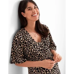 Prénatal zwangerschapsjumpsuit korte mouwen panterprint bruin