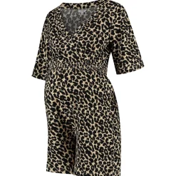 Prénatal zwangerschapsjumpsuit korte mouwen panterprint bruin