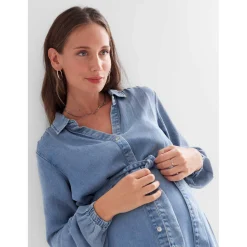 Prénatal zwangerschapsjurk lange mouwen effen blauw