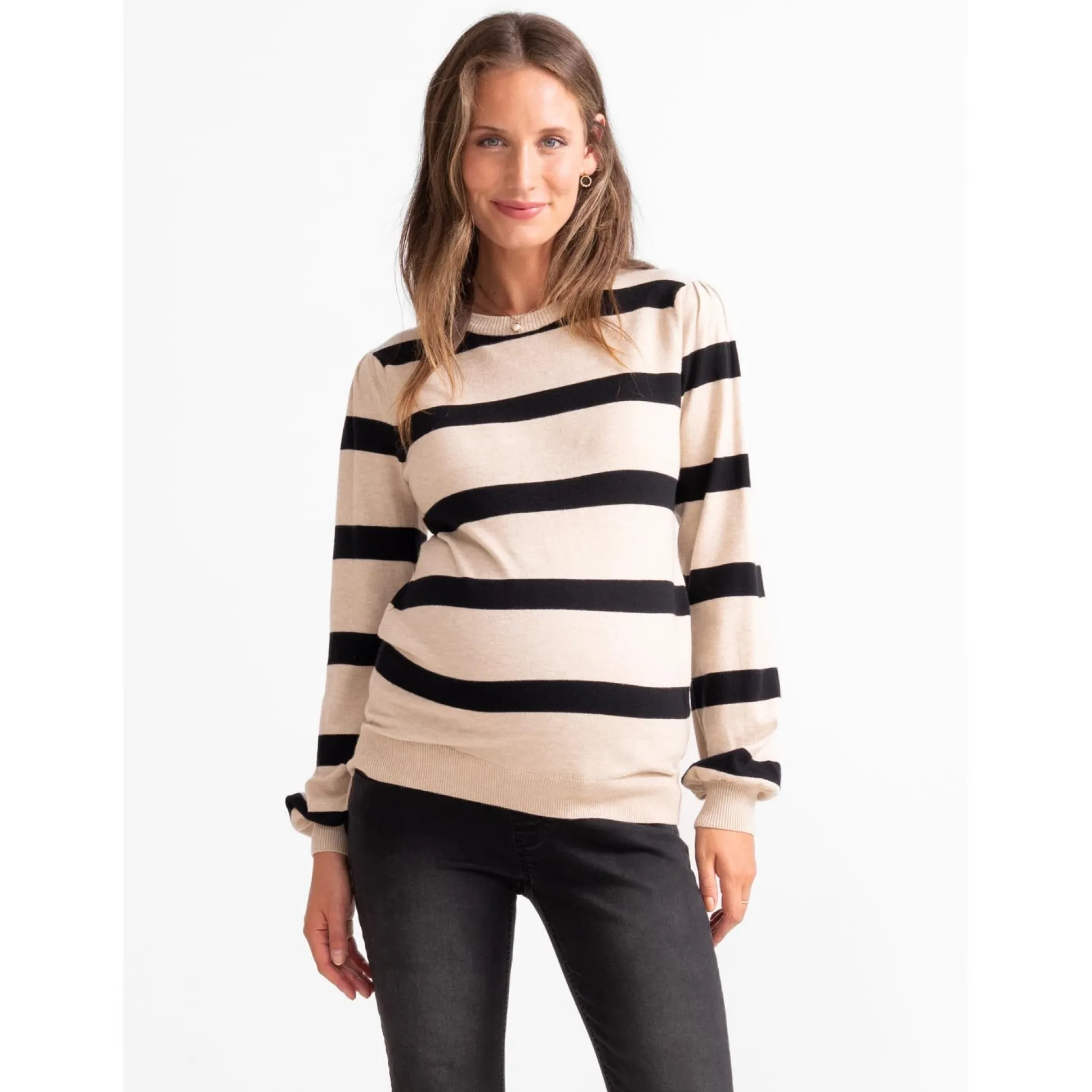 Prénatal zwangerschapstrui lange mouwen strepen beige